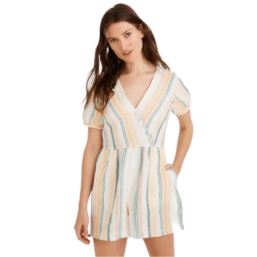 Madewell 100% Linen V-Neck Romper in Carnival Stripe